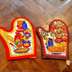German hand-made oven cooking mittens doubleside with recipes reversible